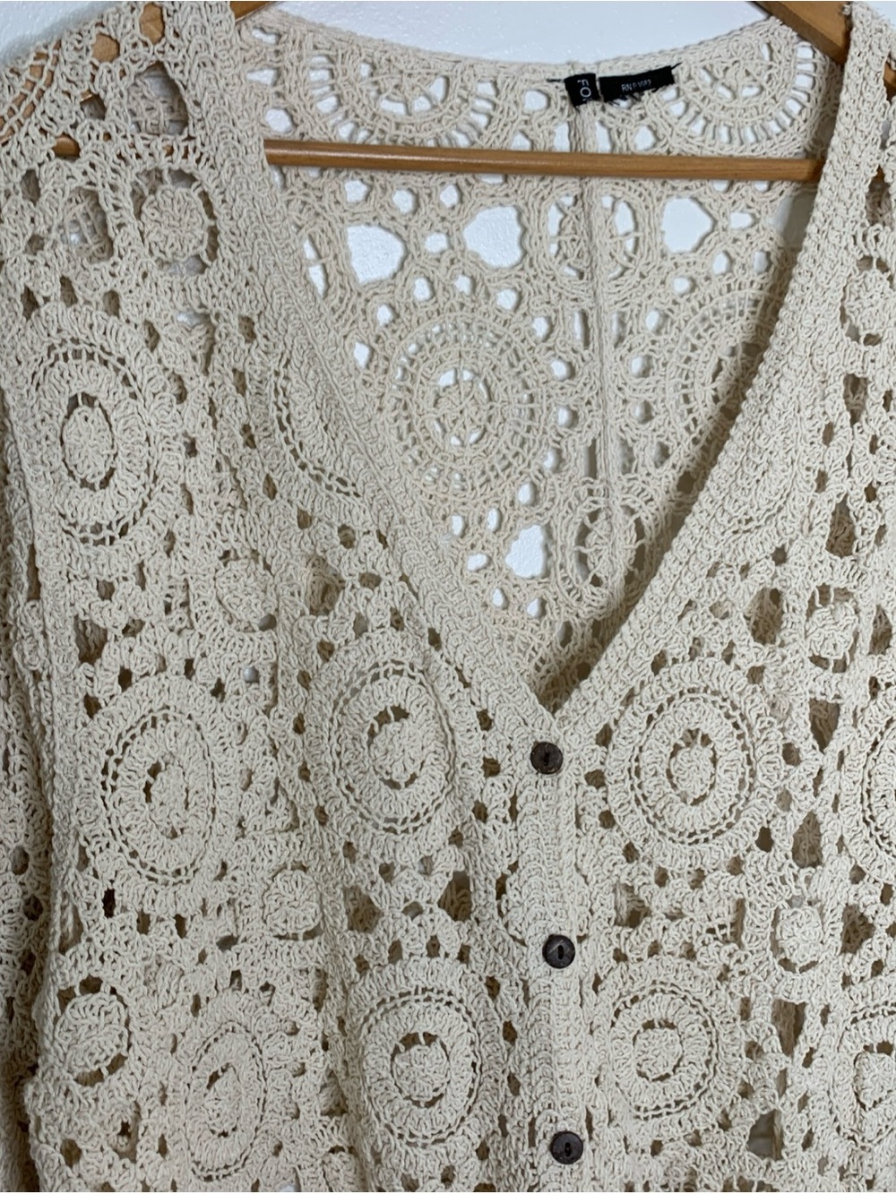 Forgotten Grace Crochet Knot Button Front Cardigan Sz XL Boho Scallop Hem Sleeve - Picture 3 of 11